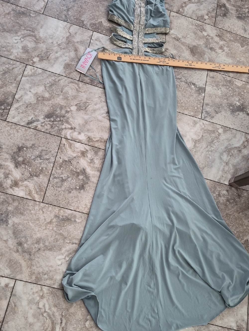 JOVANI DUSTY BLUE SIDE CUTOUT BEADED DETAIL LINED STRETCHY MERMAID FLARE DRESS - Picture 13 of 13